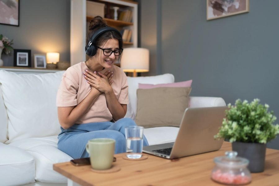 Woman having a video call on a laptop